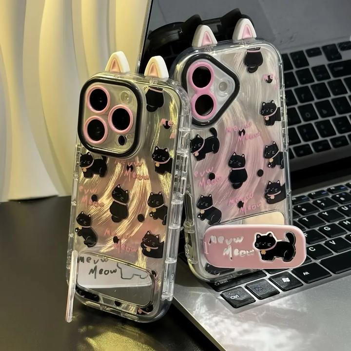 晕染粉猫咪耳朵支架适用苹果16promax手机壳15小米14vivo华为oppo