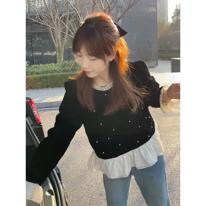 2025年春秋新款法式小香风木耳边衬衫女设计感小众短款丝绒衬衣女