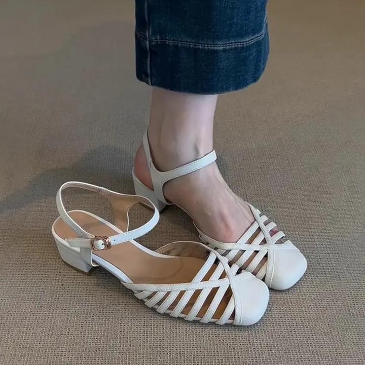 羊皮版~新款镂空增高包鞋女法式一字带透气粗跟晚晚风罗马凉鞋