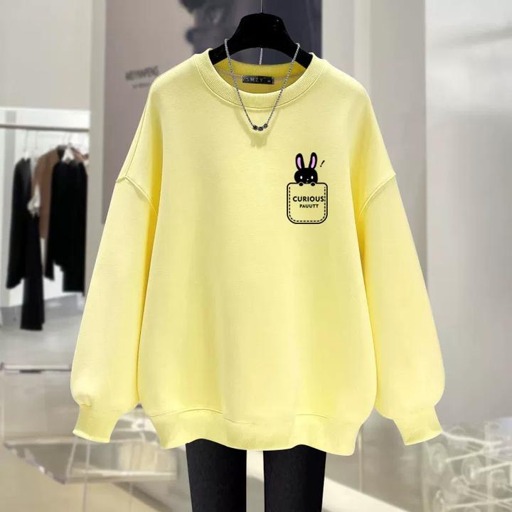 2024新款春秋冬韩版小兔子休闲薄款宽松圆领套头卫衣女加绒中长款