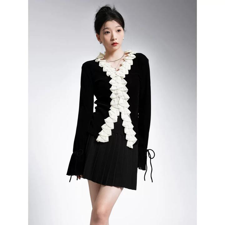 黑白撞色丝绒小衫女纯欲荷叶边长袖衬衫秋新款设计感V领打底上衣