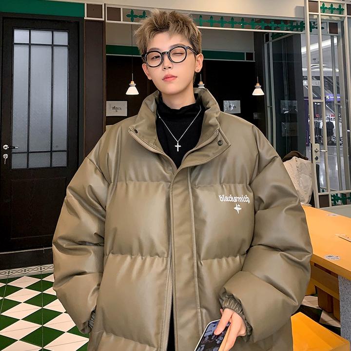 2024冬新港风潮牌复古刺绣字母棉衣男设计感PU皮大码棉服外套痞帅