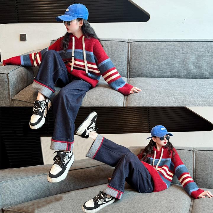 女童针织毛衣秋季2024新款儿童连帽上衣大童女孩春秋款洋气毛线衣