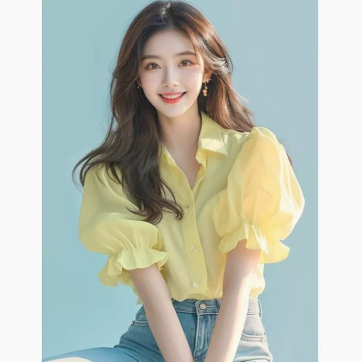 法式高级感黄色泡泡袖衬衫女夏季气质高端别致小上衣独特漂亮小衫
