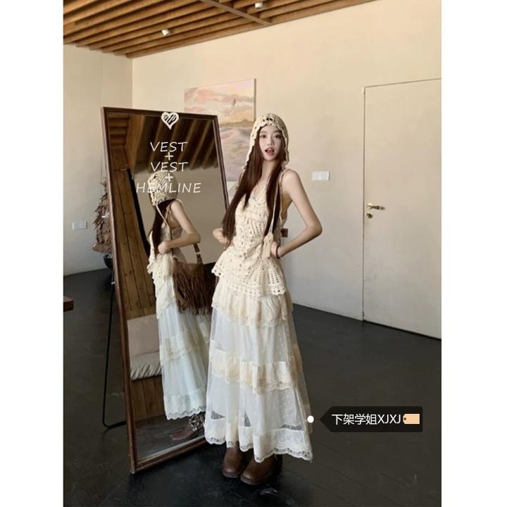 温柔风少女套装女春季2025新款针织背心蕾丝吊带高腰半身裙三件套