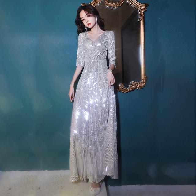 银色亮片晚礼服女气质高端宴会主持人合唱团演出连衣裙奢华长款夏
