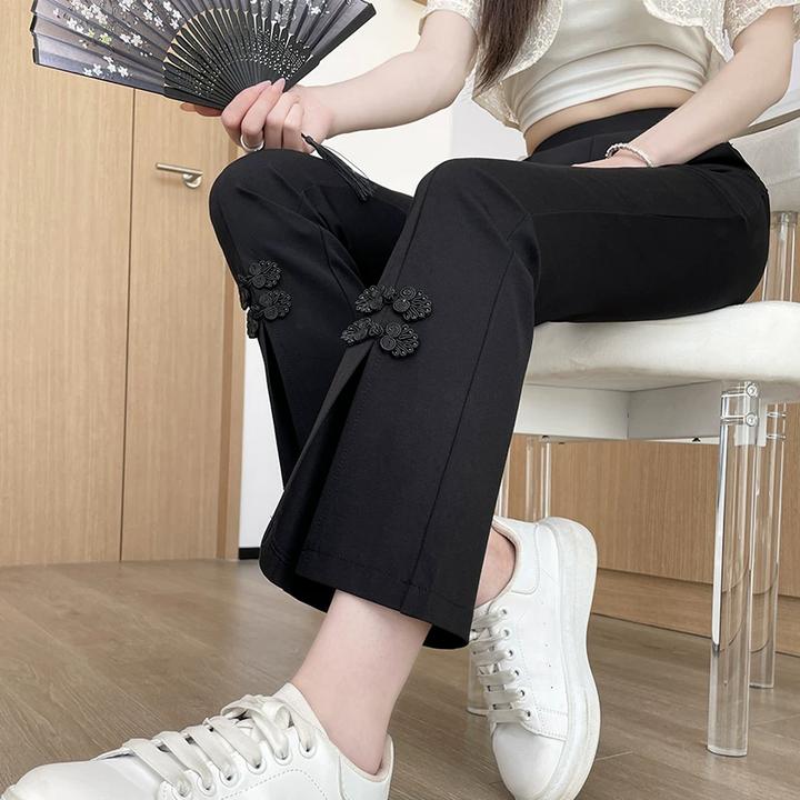 新中式国风微喇叭裤女夏季高腰显瘦休闲小个子黑色盘扣开叉西装裤