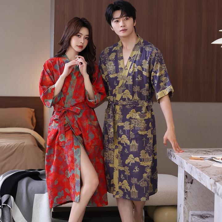 春夏薄款浴袍纯棉双层纱布浴袍家居服睡袍情侣款吸水速干浴衣大码