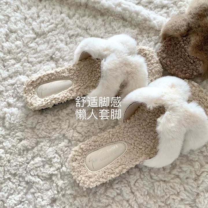温柔老钱风~INS风毛毛拖鞋女2025秋冬新款慵懒高级感一字棉拖鞋潮