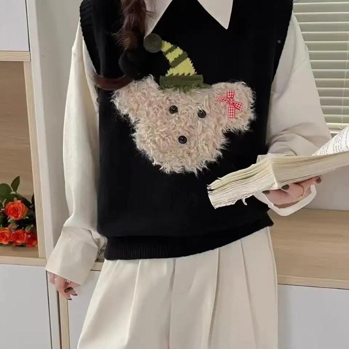 无袖叠穿小狗马甲背心女秋冬新款宽松可爱外穿设计感针织坎肩上衣