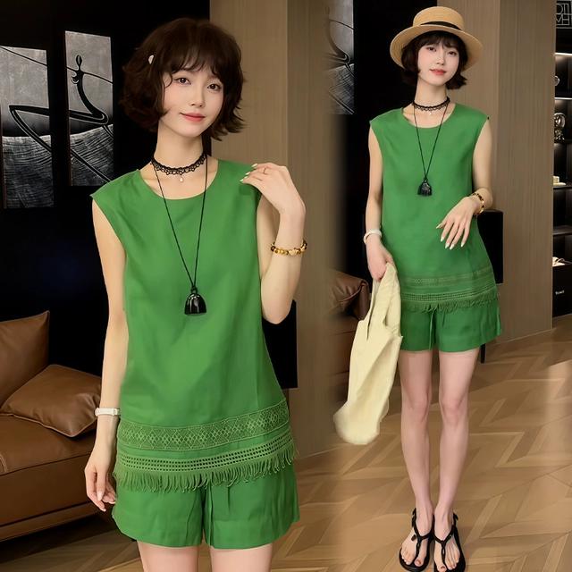 时尚休闲套装2025夏季新款小个子流苏无袖上衣短裤两件套潮女士