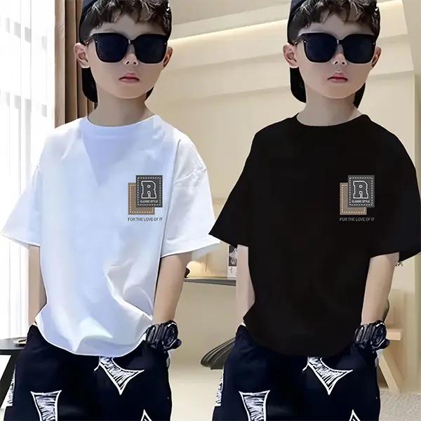 男童纯棉短袖T恤中大童潮牌白色印花洋气上衣儿童帅气T恤衫潮