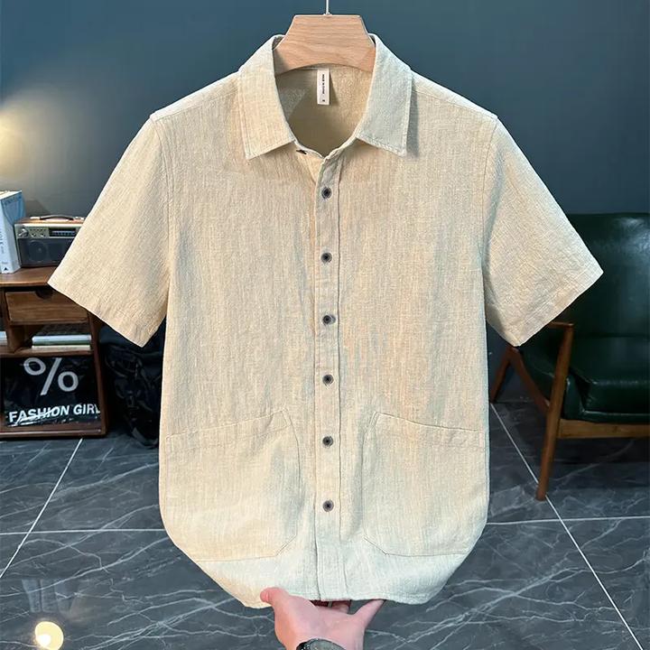 轻奢日系复古苎麻短袖衬衫男夏季薄款时尚百搭文艺休闲宽松衬衣潮