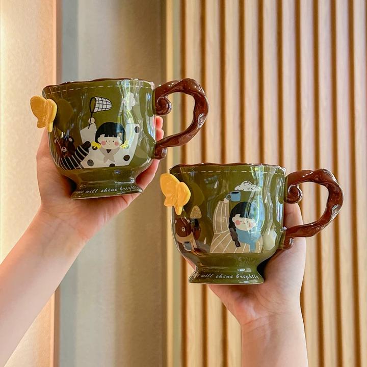 复古浮雕蝴蝶高脚杯高颜值陶瓷马克杯家用咖啡杯女生日礼物伴手礼