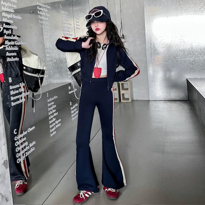 女童运动套装春秋2025新款洋气春装外套喇叭裤高级感两件套中大童