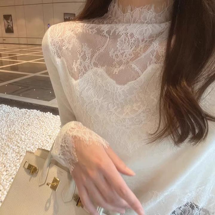 法式高领蕾丝上衣女秋冬新款白色纯欲温柔感拼接针织打底衫内搭潮