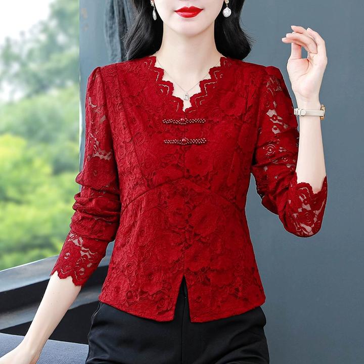 国风盘扣蕾丝打底衫女长袖春秋新款洋气V领妈妈小衫修身短款上衣