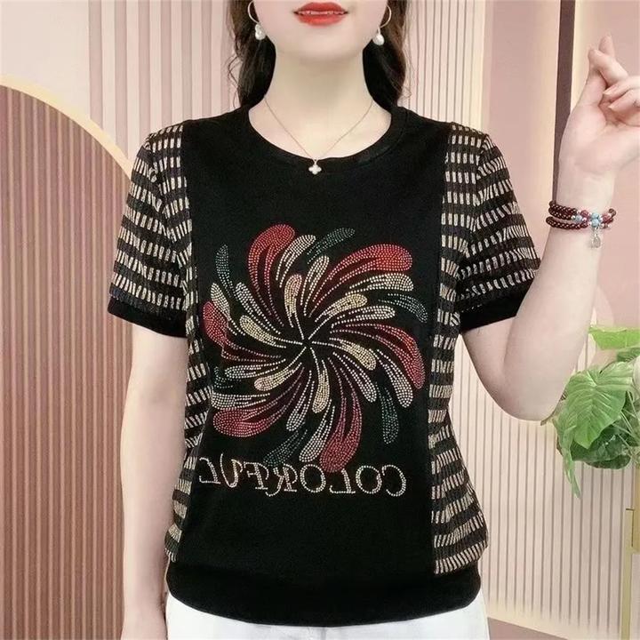 200斤薄款t恤短袖烫钻夏季新款宽松遮肚子显瘦上衣中老年妈妈女装