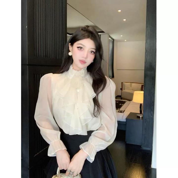 2025新款法式甜美气质别致花朵荷叶边立领百搭天丝雪纺衫上衣女春