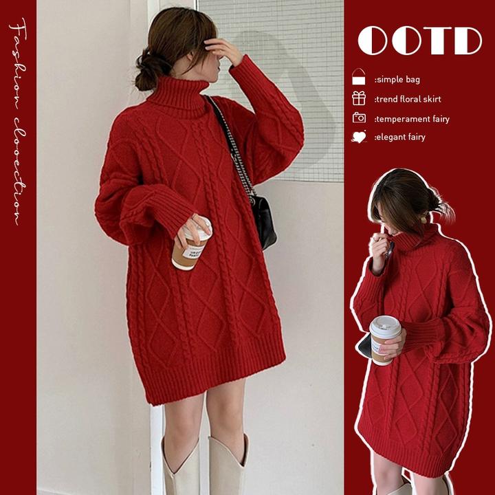 过新年战袍2024新款红色高领毛衣裙子慵懒风法式针织连衣裙女春秋