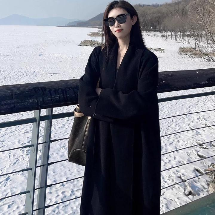 黑色高级感双面羊绒大衣女2024冬季新款毛呢外套小个子韩系中长款