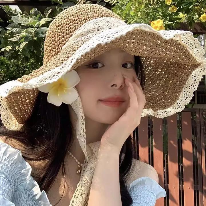 MING草帽海边帽子ins系带草编帽出游防晒沙滩太阳帽蕾丝高品质m