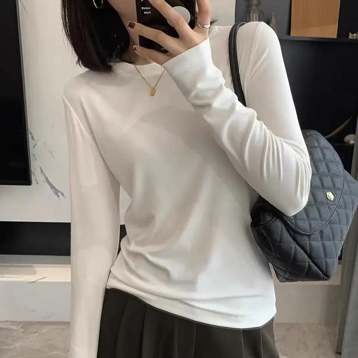 2025年早秋韩版显瘦百搭圆领修身内搭纯色打底衫女装白色长袖T恤