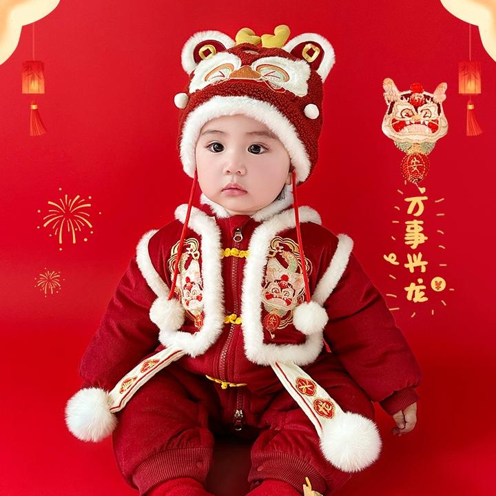 国风婴儿连体衣夹棉加厚抓周礼服周岁男女宝宝新年套装哈衣拜年服
