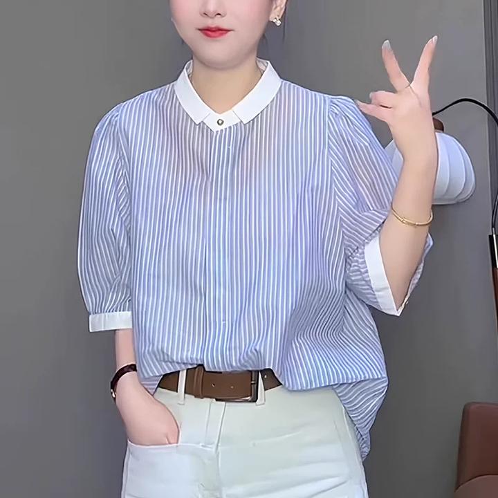 蓝色设计感条纹衬衫女2025夏季新款宽松时尚减龄职业法式短袖上衣