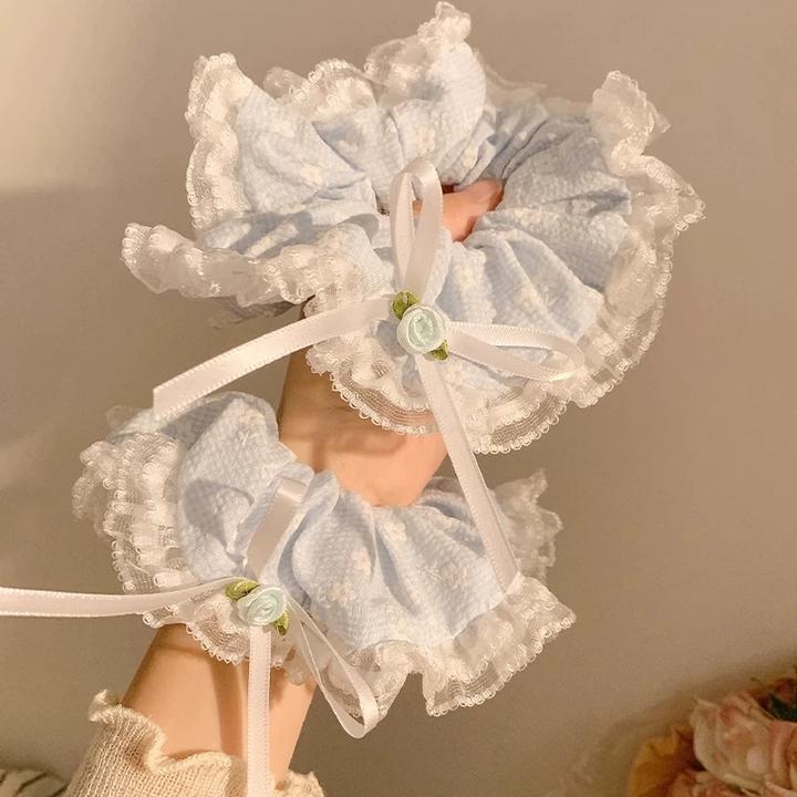 可爱海盐少女~蓝色蝴蝶结大肠蕾丝甜美感韩系发圈女花朵头绳发饰