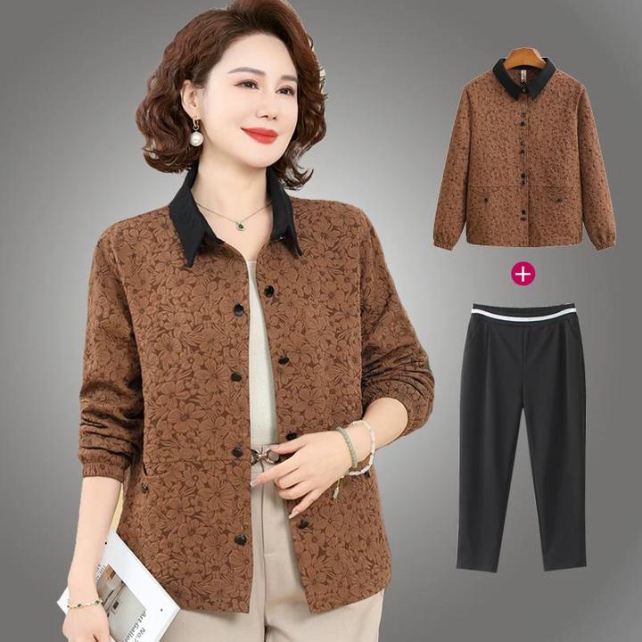 妈妈春装2025新款提花长袖开衫夹克衫上衣中老年洋气翻领休闲外套