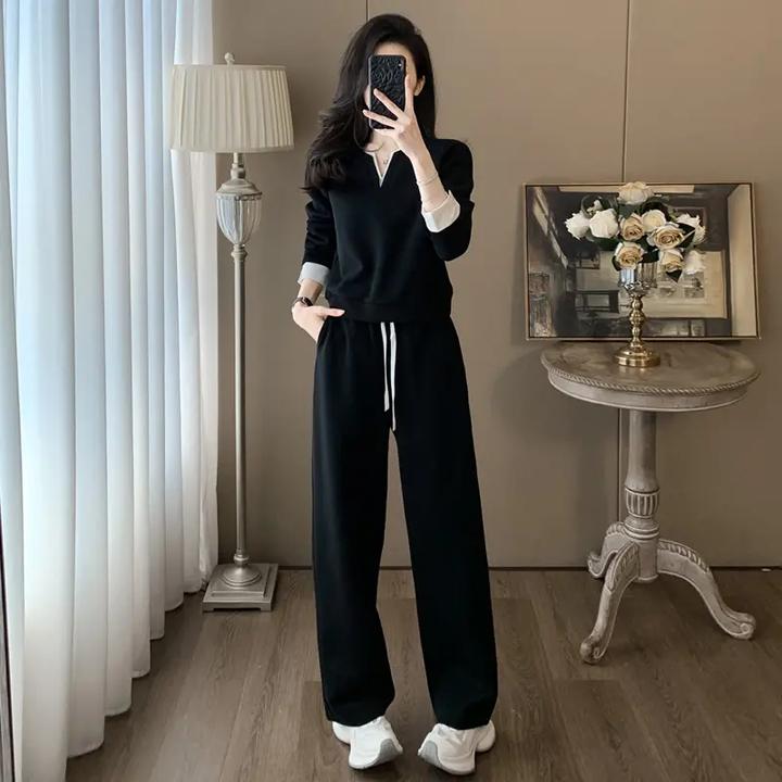 时尚休闲V领长袖显瘦阔腿裤运动套装女春秋高级感减龄穿搭一整套