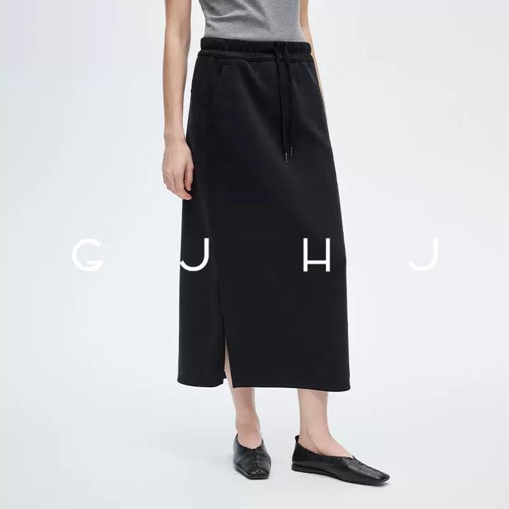 GJ-HJ莫代尔松紧腰抽绳长款开叉卫裙女 橡筋腰头显瘦直筒半身裙