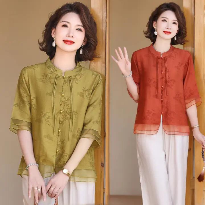 2025夏季新中式国风中老年妈妈装上衣时尚百搭女遮肉显瘦小衫套装