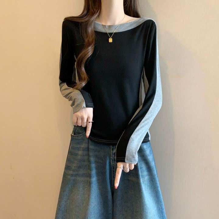 【新年穿搭】微胖妹妹大码一字领拼色长袖T恤女春季打底衫短款上衣