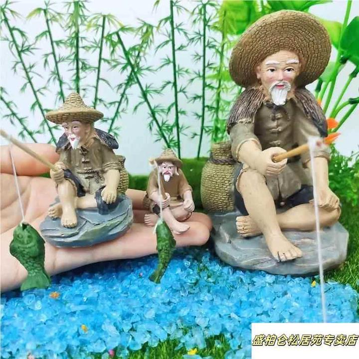 小姜太公钓鱼翁小摆件假山吸水石盆景鱼缸造景客厅家居人物装饰品