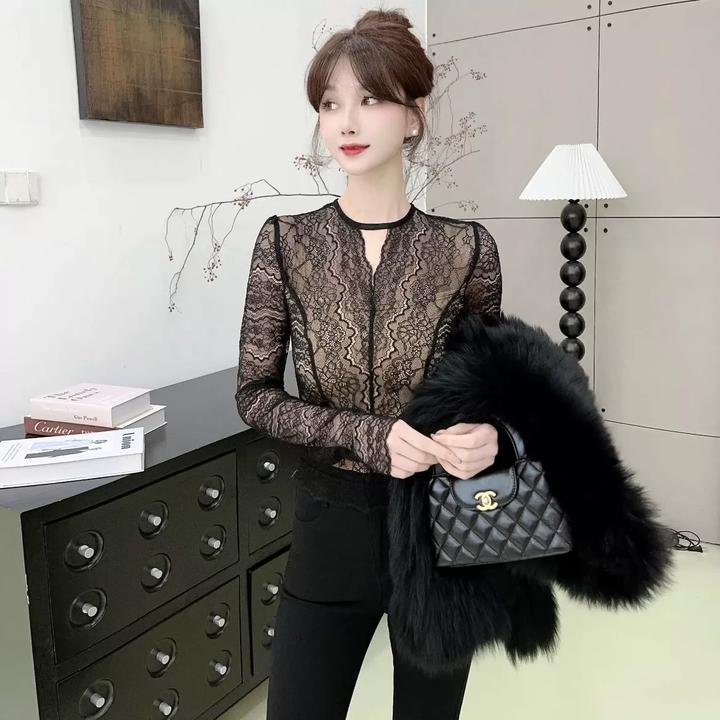 卡卡女装官方旗舰正品[御姐气质]高级感蕾丝透视长袖内搭打底衫