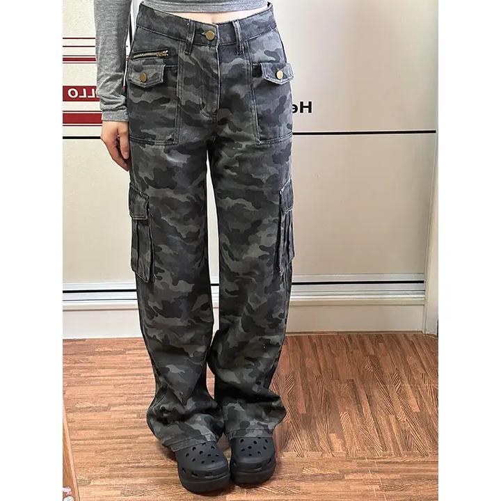 黑灰色迷彩工装裤男款春秋大口袋宽松伐木裤子美式高街微喇直筒裤