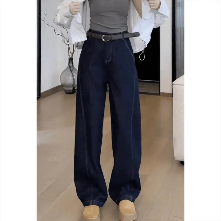 深蓝弯刀阔腿牛仔裤女2025年春季新款高腰显瘦设计感百搭拖地裤子