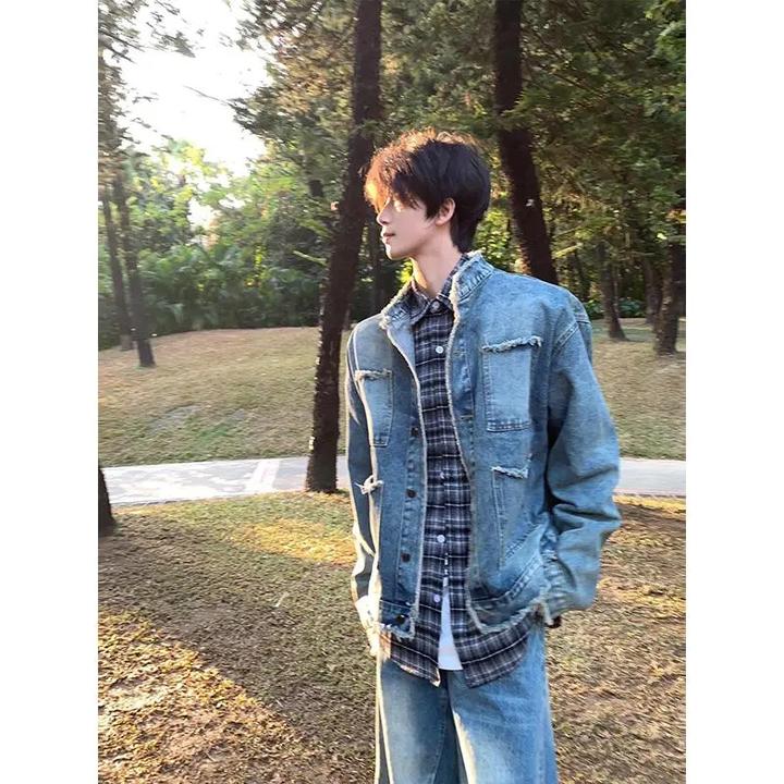 美式复古牛仔夹克男春季毛边设计高级感痞帅小众短款立领工装外套