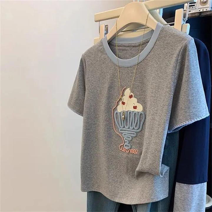 棉质印花+刺绣港风修身显瘦短袖T恤女夏季设计甜美时尚拼色上衣潮