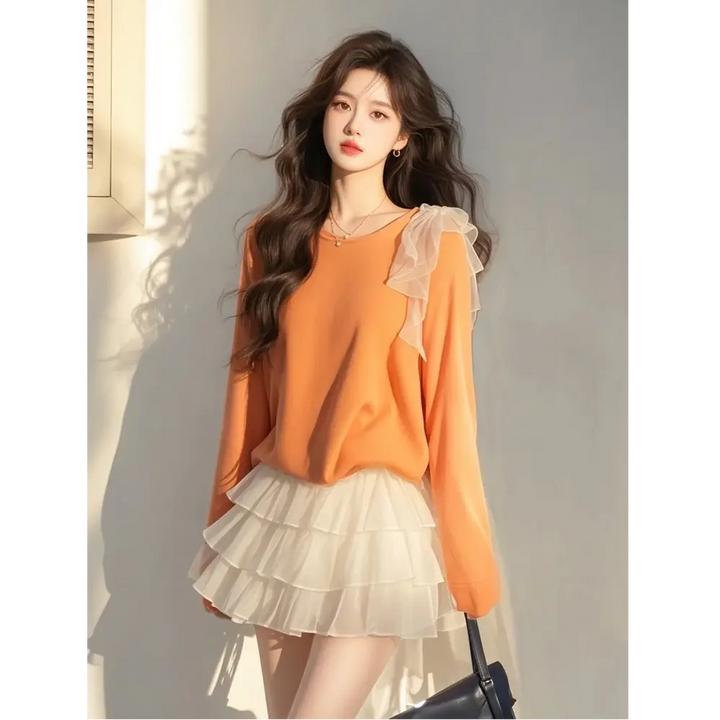 2025春爆款流行整套高级感超好看小众圆领套头上衣网纱蛋糕裙套装