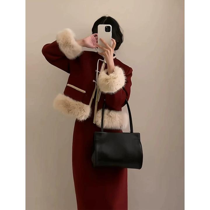 新中式国风新年圣诞套装裙战袍过年红色小香风外套裙子两件套秋冬