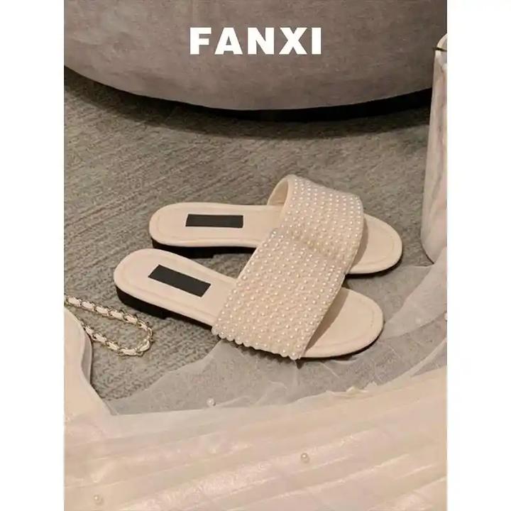 爆款版~法式小香风珍珠平底凉拖鞋女名媛外穿懒人软底一字拖鞋