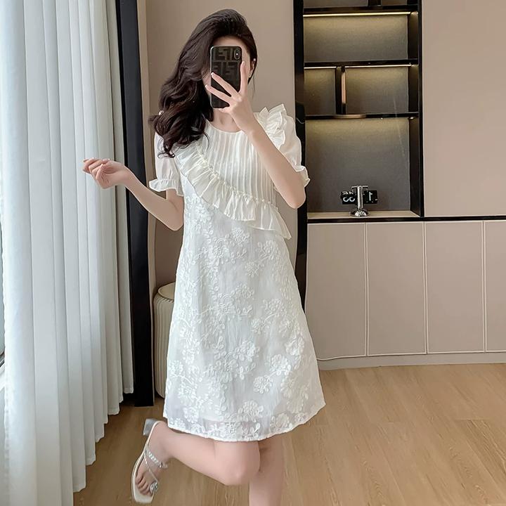 设计感荷叶边圆领白色连衣裙女夏季新款减龄网纱提花宽松中长裙