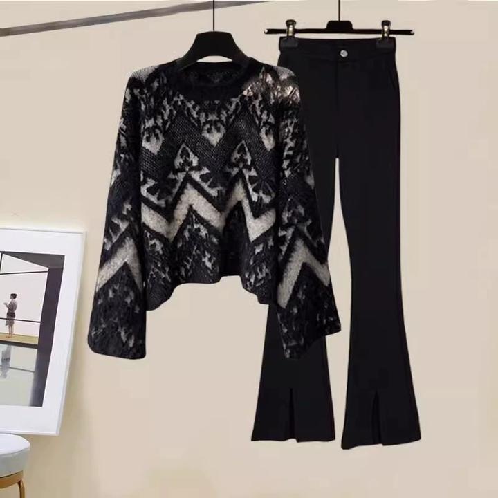 潮牌大码洋气时髦穿搭一整套女2025秋冬胖显瘦毛衣微喇裤两件套