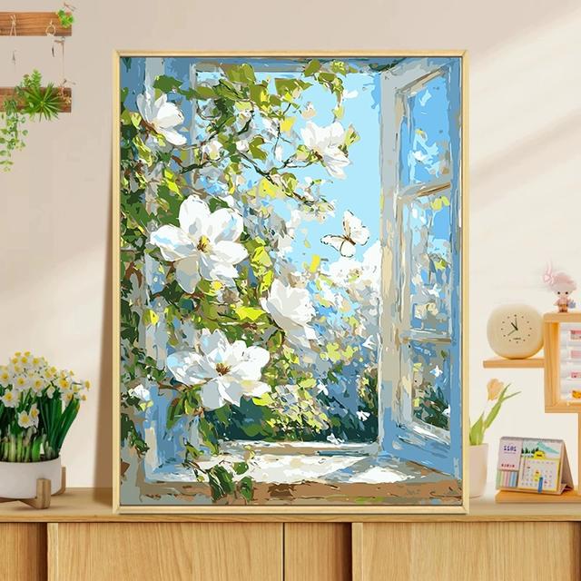 臻选玉兰花数字油画diy填充填色手工绘花卉风景丙烯油彩画装饰画