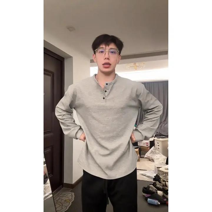 斌子同款亨利领长袖T恤男春秋美式复古加绒卫衣polo领内搭打底衫