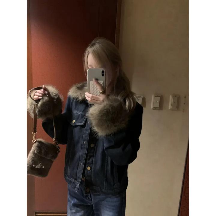 《巴恩冬令》毛毛领牛仔外套女秋冬2025年新款加厚短款上衣女款998#