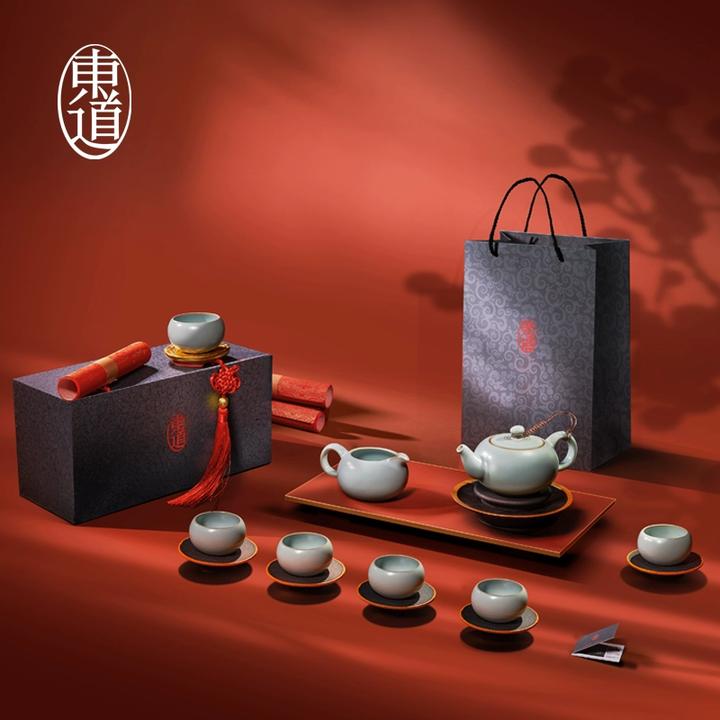 东道汝窑福缘半组（天青）礼盒装手工高端汝窑茶具套装礼赠（25款）